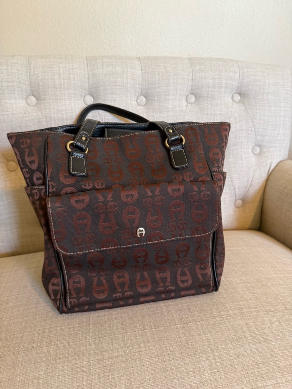 Etienne Aigner Brown Logo-Print Messenger Tote with Black Trim
